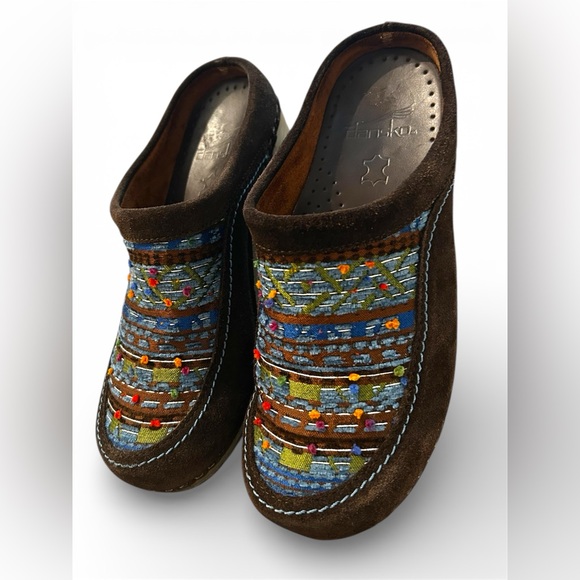 Dansko Brown Suede Mystique Aztec Embroidered Chunky Clog Slides EU 37 US 6.5/7 - Picture 10 of 13
